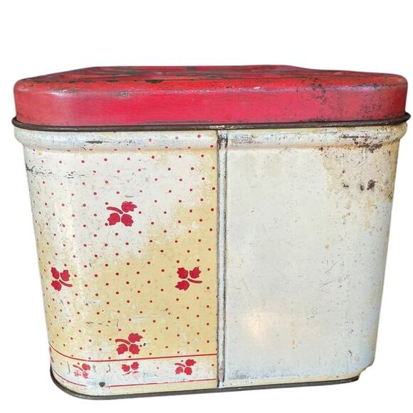 Vintage Metal Bread Box Tin Red White Hinged Floral Primitive Empeco Farm MCM - Picture 16 of 16